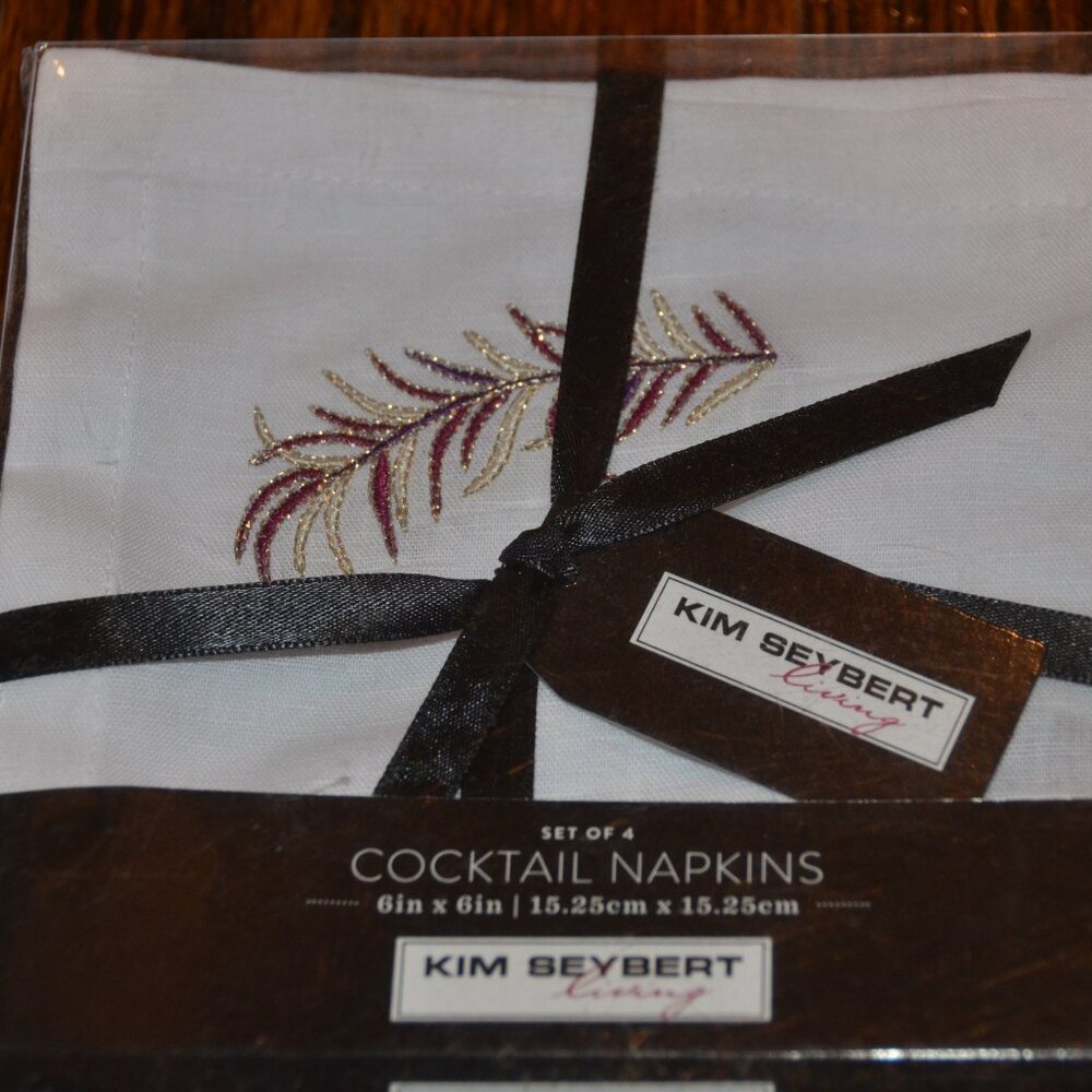 RARE SET KIM SEYBERT LIVING 4 PURPLE EMBROIDERED FEATHER COCKTAIL BAR NAPKINS
